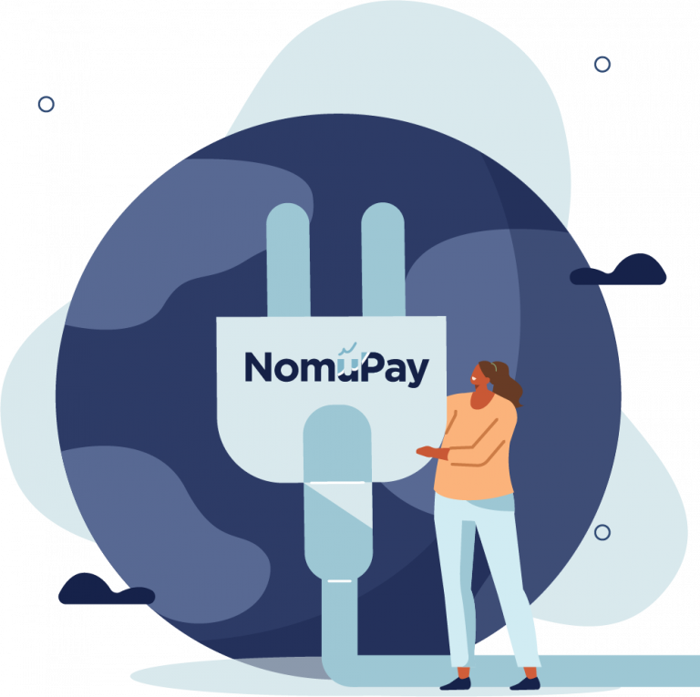 An illustration of an electrical attachment plug with the NomuPay logo on it in front of a representation of the globe.