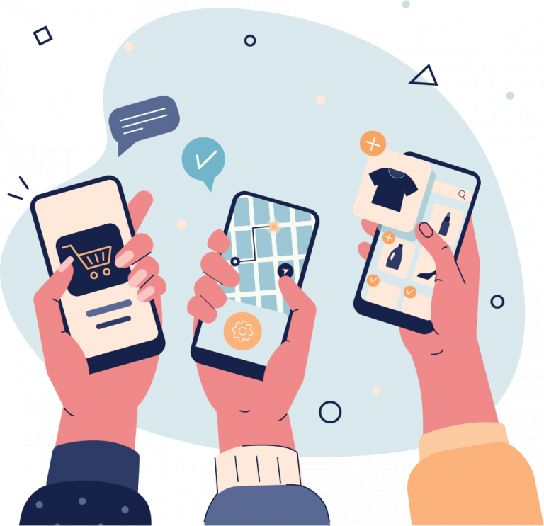 An illustration with three hands; each hand is holding a smartphone.