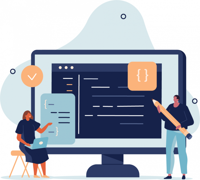 An illustrated computer screen with illustrated developer code on the screen.