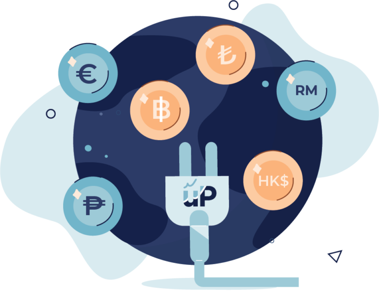 An illustration of an electrical attachment plug with the uP Platform logo on it in front of a representation of the globe. Various coins float around it.