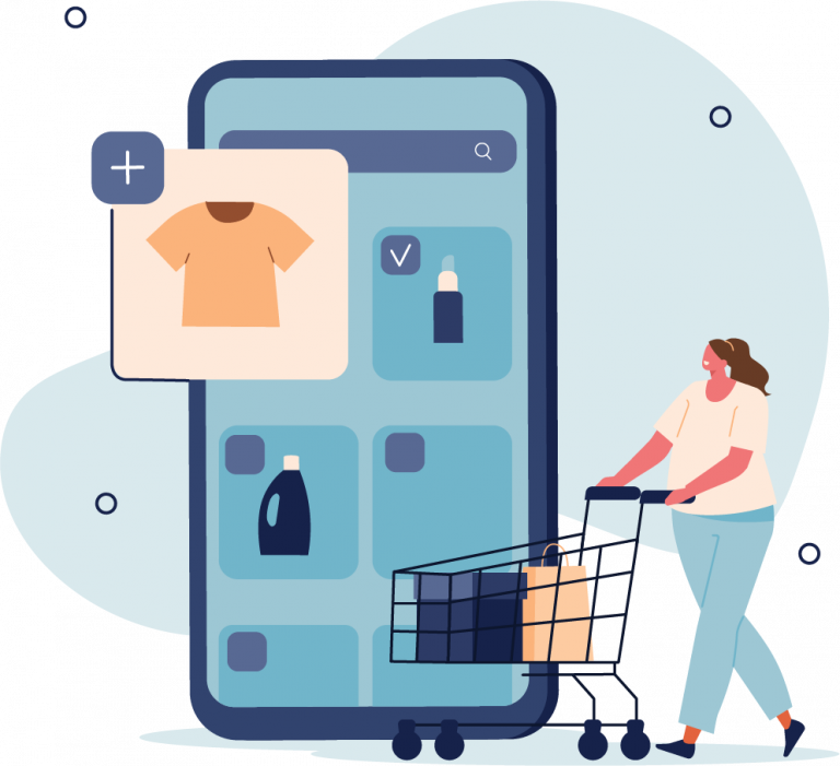 An illustration of a woman pushing a shopping cart in front of an enlarged mobile phone.